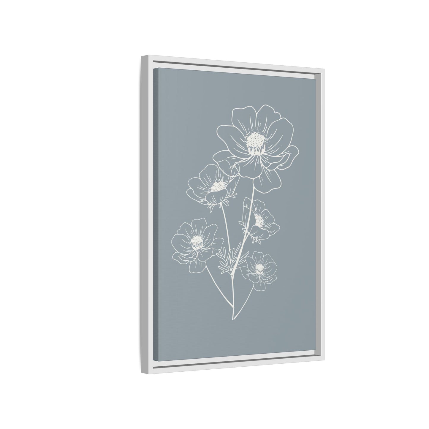 Framed Floral Line Art Matte Canvas Print Gray Azure - Vertical layout