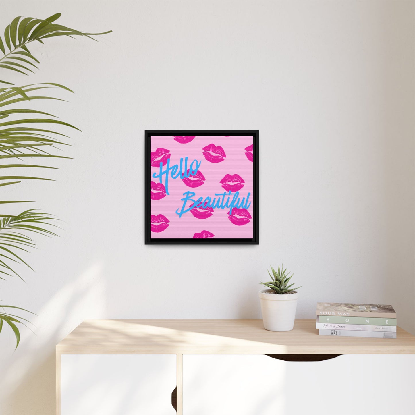 Hello Beautiful Framed Canvas Print — Pink Lipstick Pop Art Wall Decor