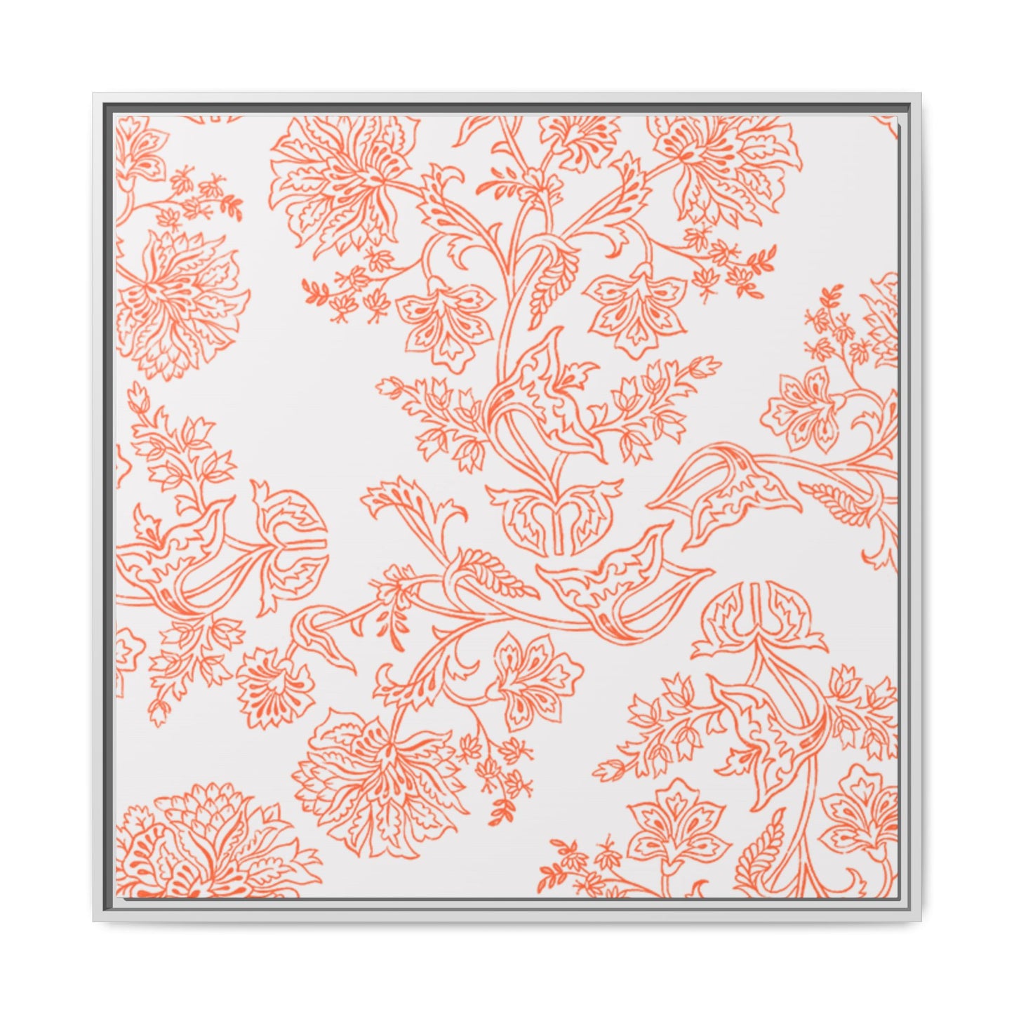 Orange Floral Matte Canvas, White Wooden Framed, Bathroom Decor, Matching Shower Curtain Available, Coral/orange