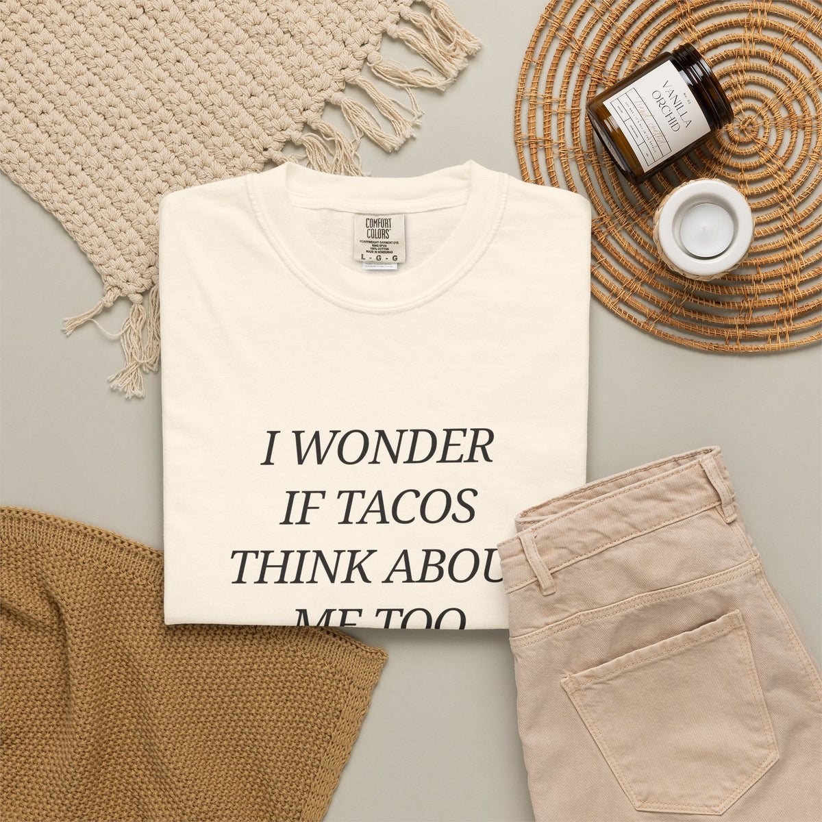 "I Wonder If Tacos Think About Me Too" Funny Taco Graphic Tee