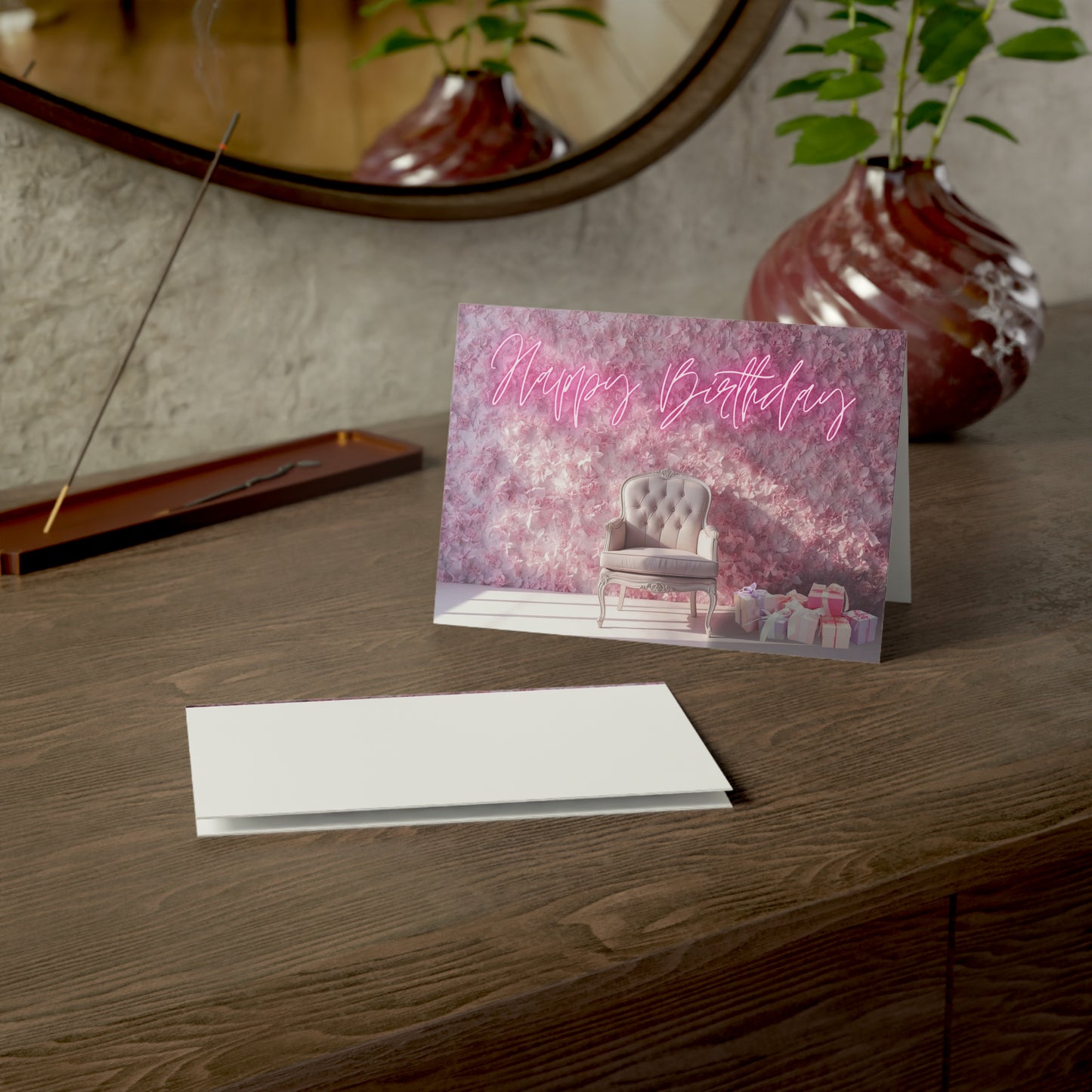 Happy Birthday Card – Pink Floral Chair Design (Single or Multipack)