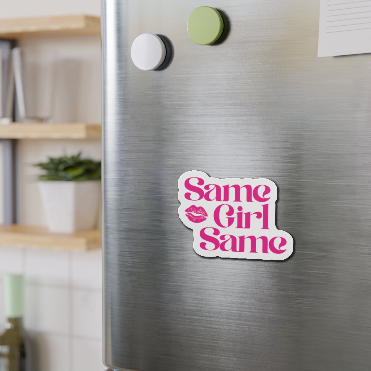Die-Cut Magnet — "Same Girl Same" Pink Retro Lip Graphic