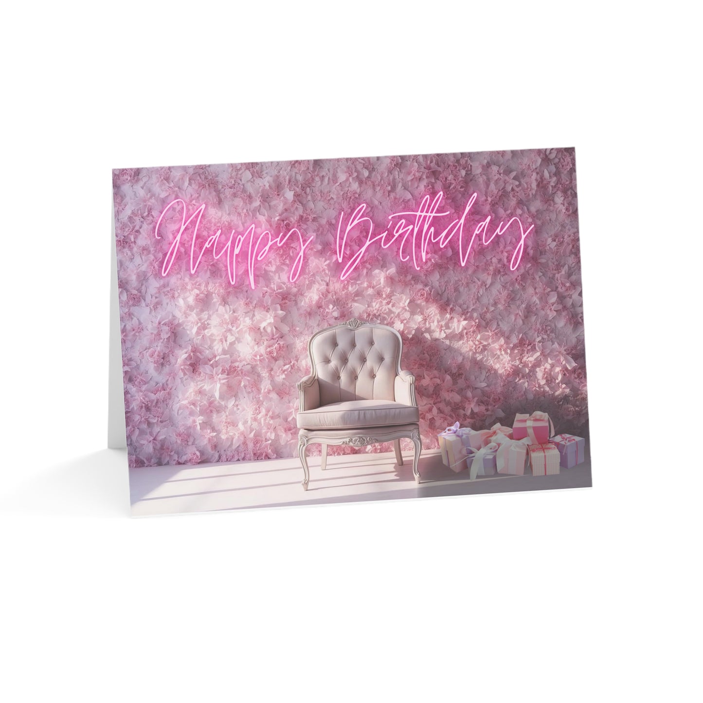 Happy Birthday Card – Pink Floral Chair Design (Single or Multipack)
