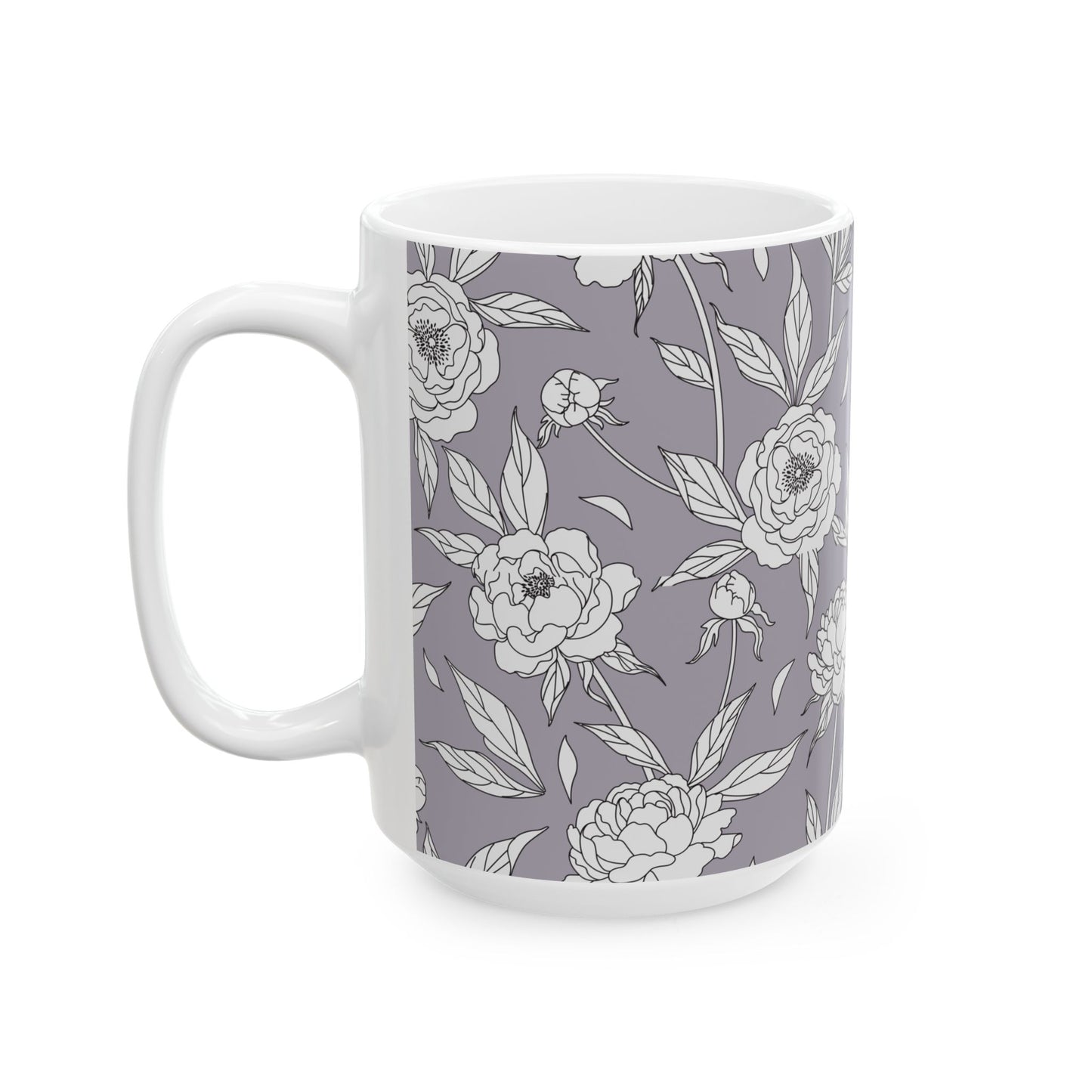 White Peony Lavender Gray Floral Pattern Mug | Ceramic Coffee Tea Mug 11oz 15oz