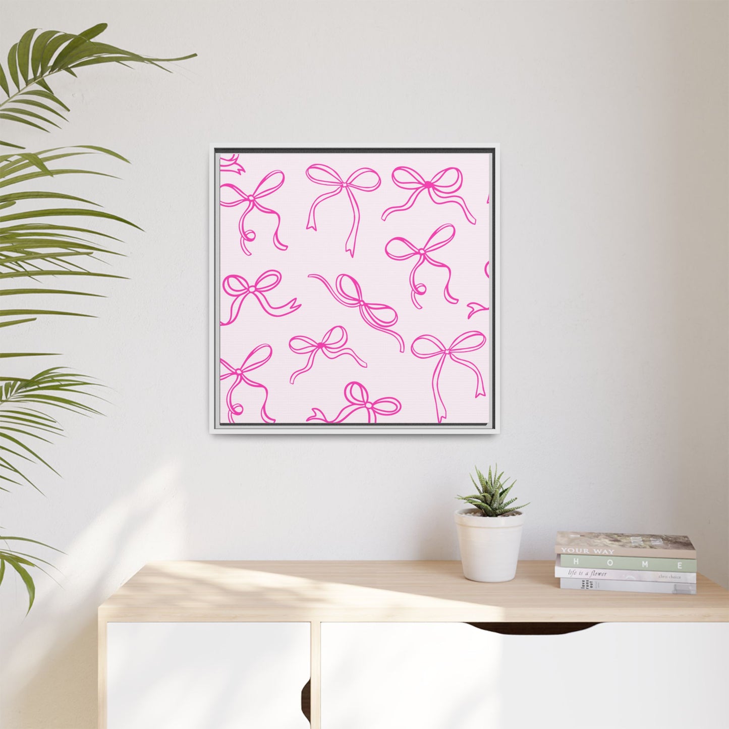 Framed Pink Bow Pattern Matte Canvas — Bathroom/Bedroom Wall Art