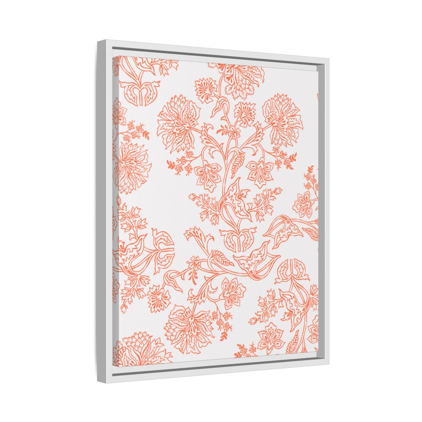 Orange Floral Matte Canvas, White Wooden Framed, Bathroom Decor, Matching Shower Curtain Available, Coral/orange