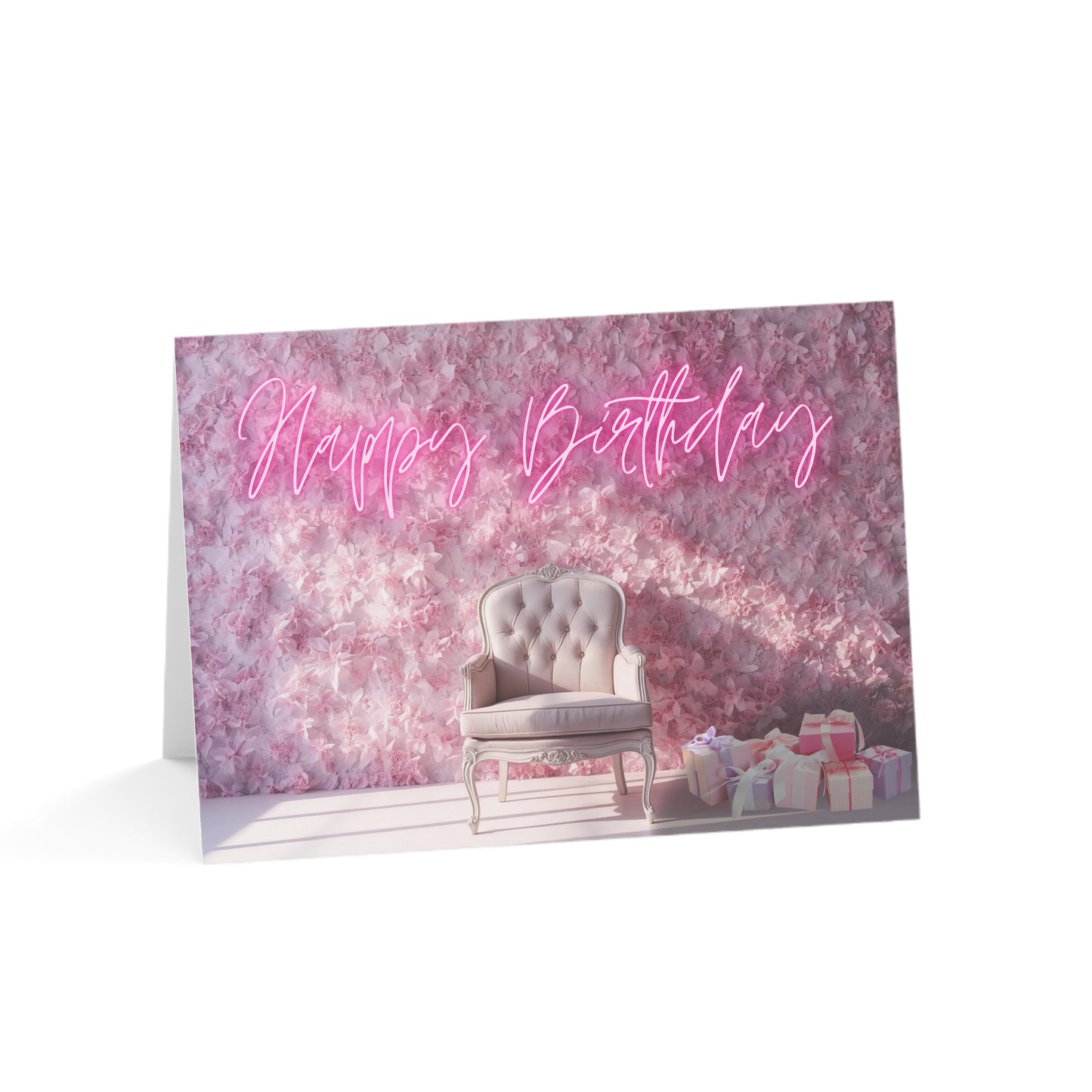 Happy Birthday Card – Pink Floral Chair Design (Single or Multipack)