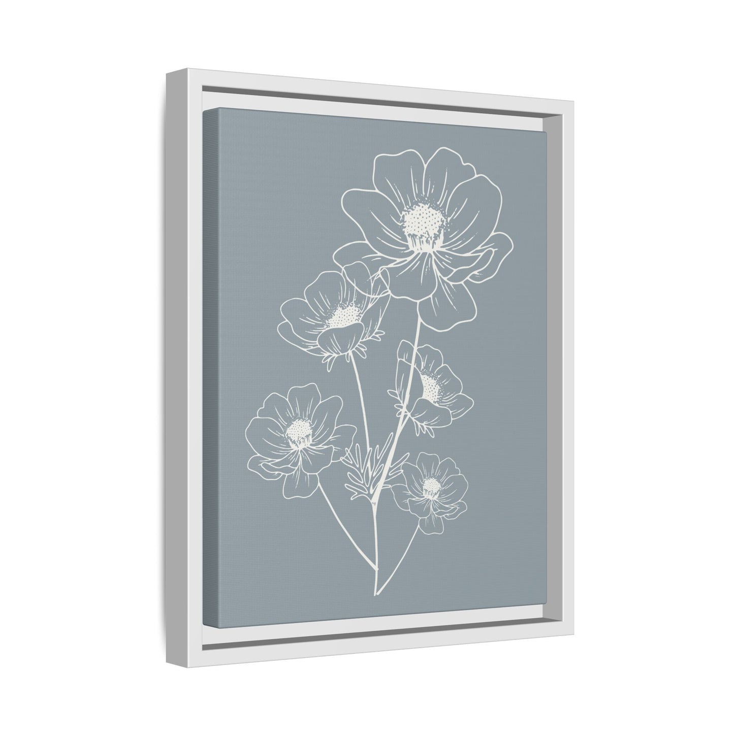 Framed Floral Line Art Matte Canvas Print Gray Azure - Vertical layout