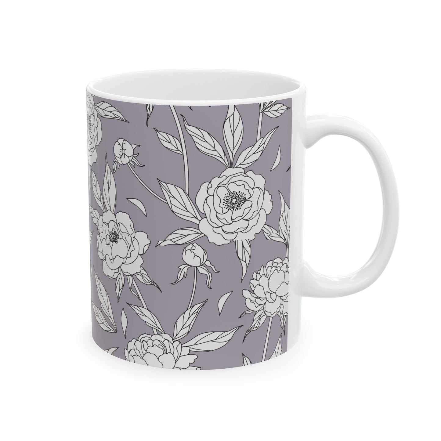 White Peony Lavender Gray Floral Pattern Mug | Ceramic Coffee Tea Mug 11oz 15oz