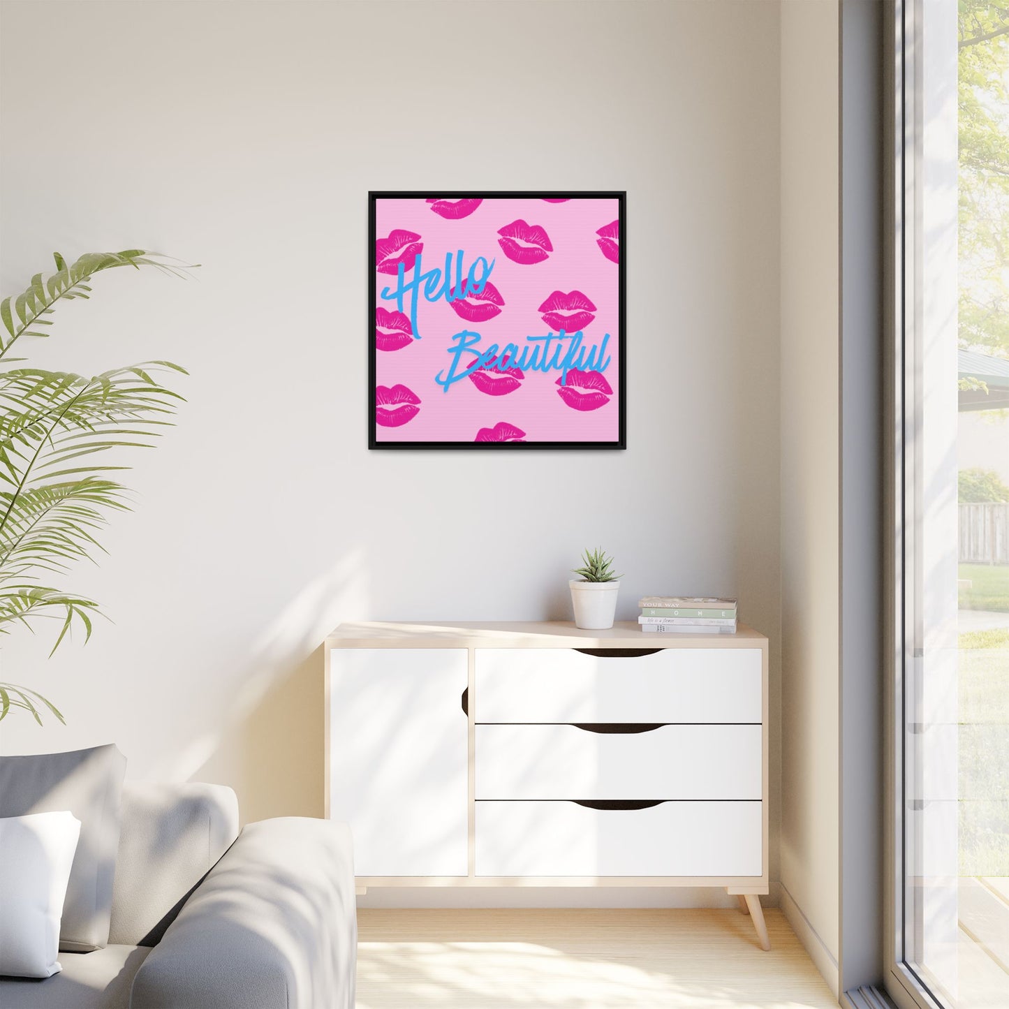 Hello Beautiful Framed Canvas Print — Pink Lipstick Pop Art Wall Decor