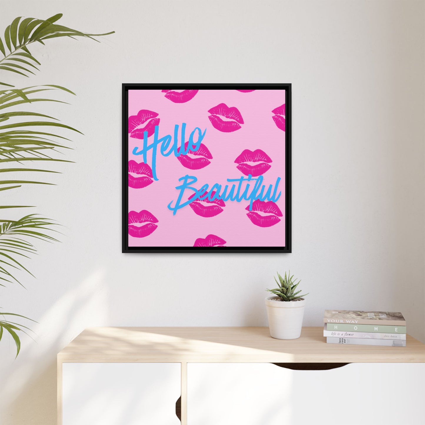 Hello Beautiful Framed Canvas Print — Pink Lipstick Pop Art Wall Decor