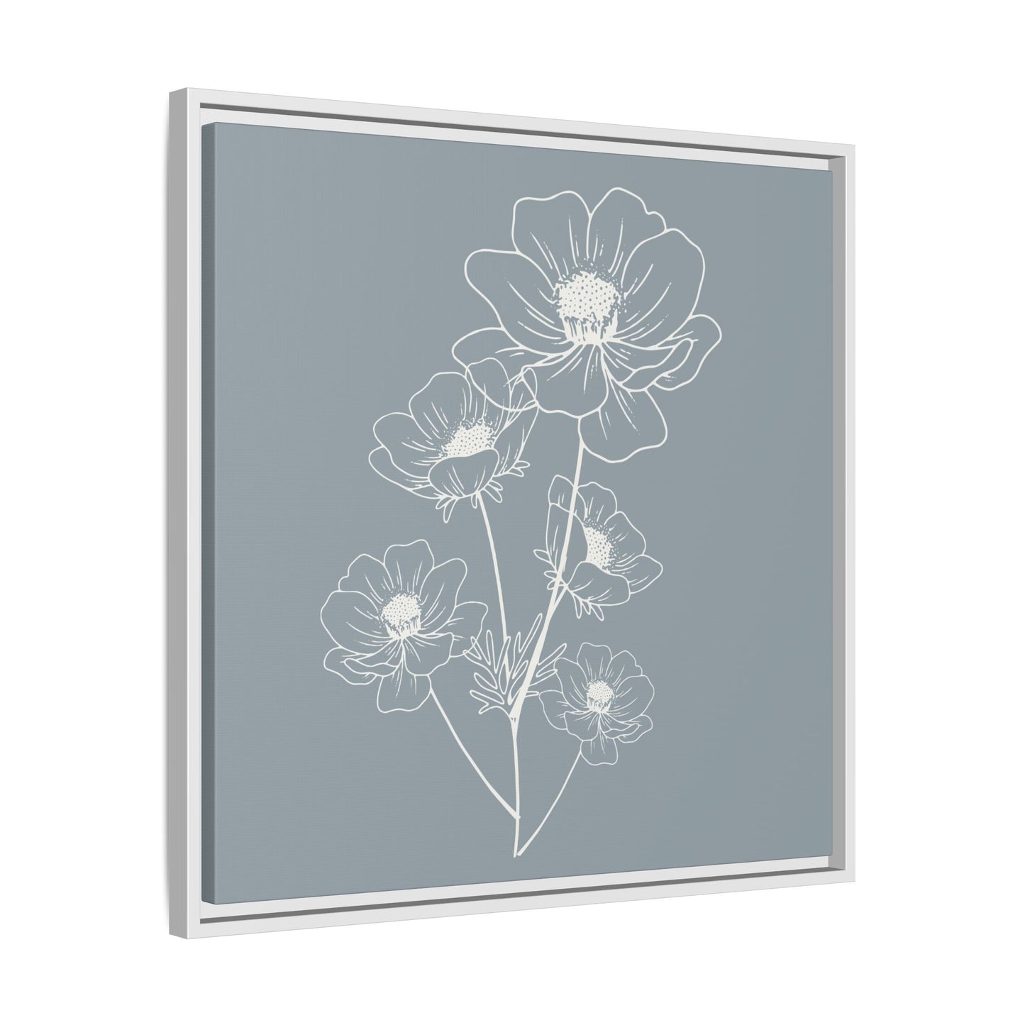 Framed Floral Line Art Matte Canvas Print Gray Azure - Vertical layout
