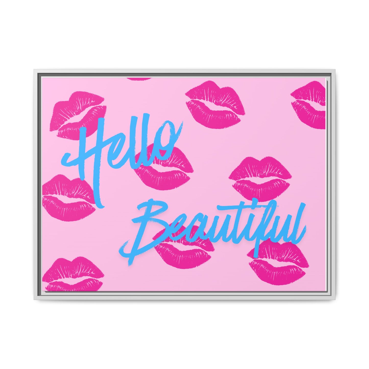 Hello Beautiful Framed Canvas Print — Pink Lipstick Pop Art Wall Decor