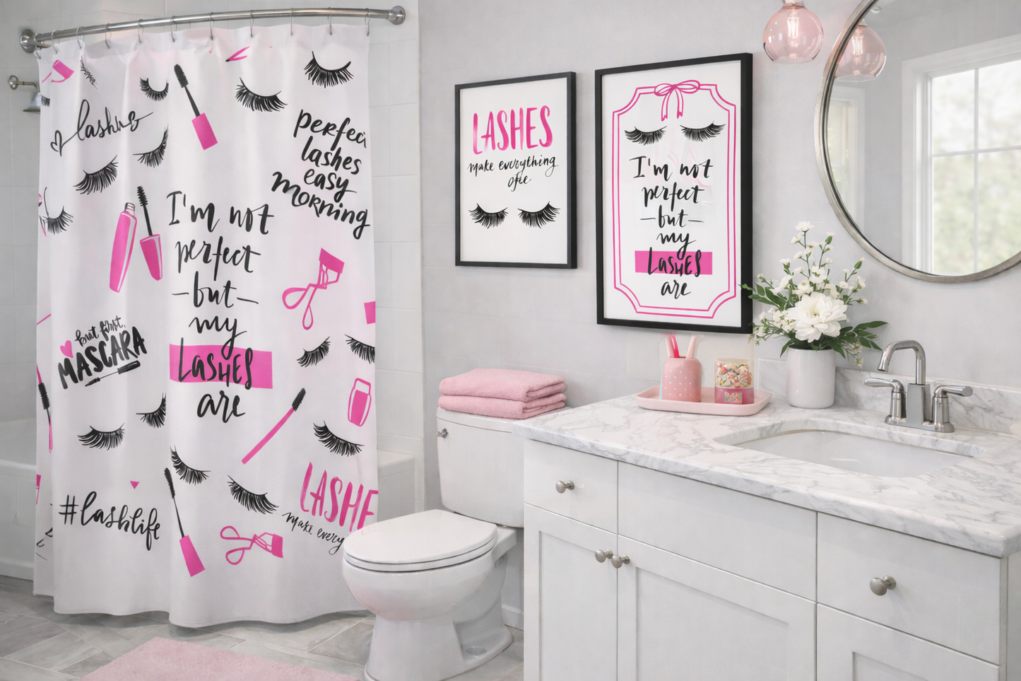 Lashes Shower Curtain – “I’m Not Perfect But My Lashes Are” Makeup Bath Decor