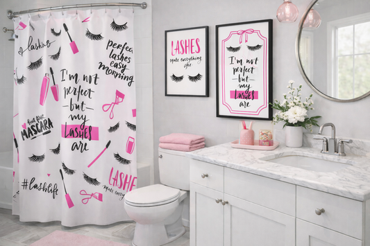 Lashes Shower Curtain – “I’m Not Perfect But My Lashes Are” Makeup Bath Decor