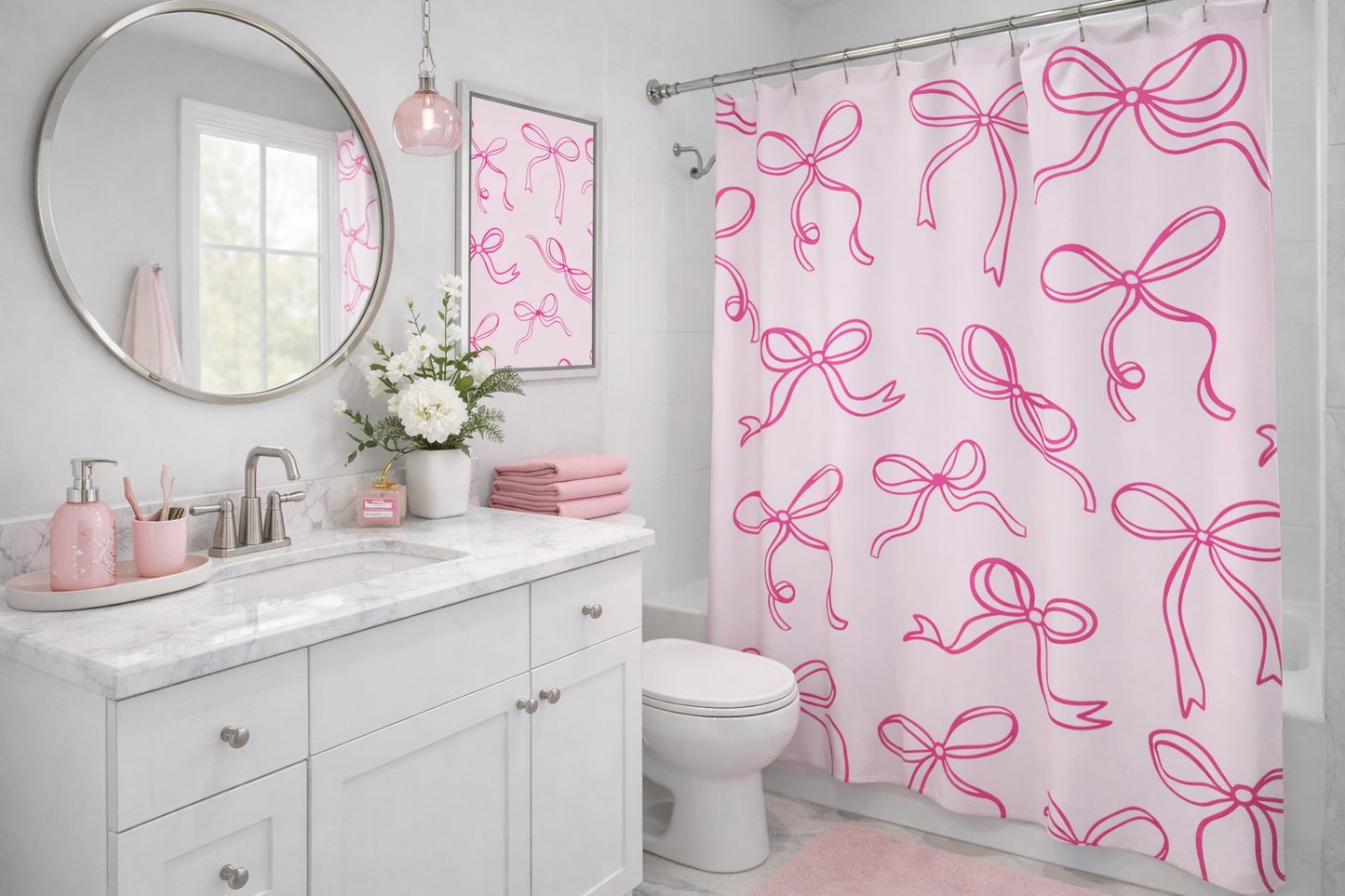 Pink Bow Pattern Shower Curtain – Cute Girly Bathroom Decor