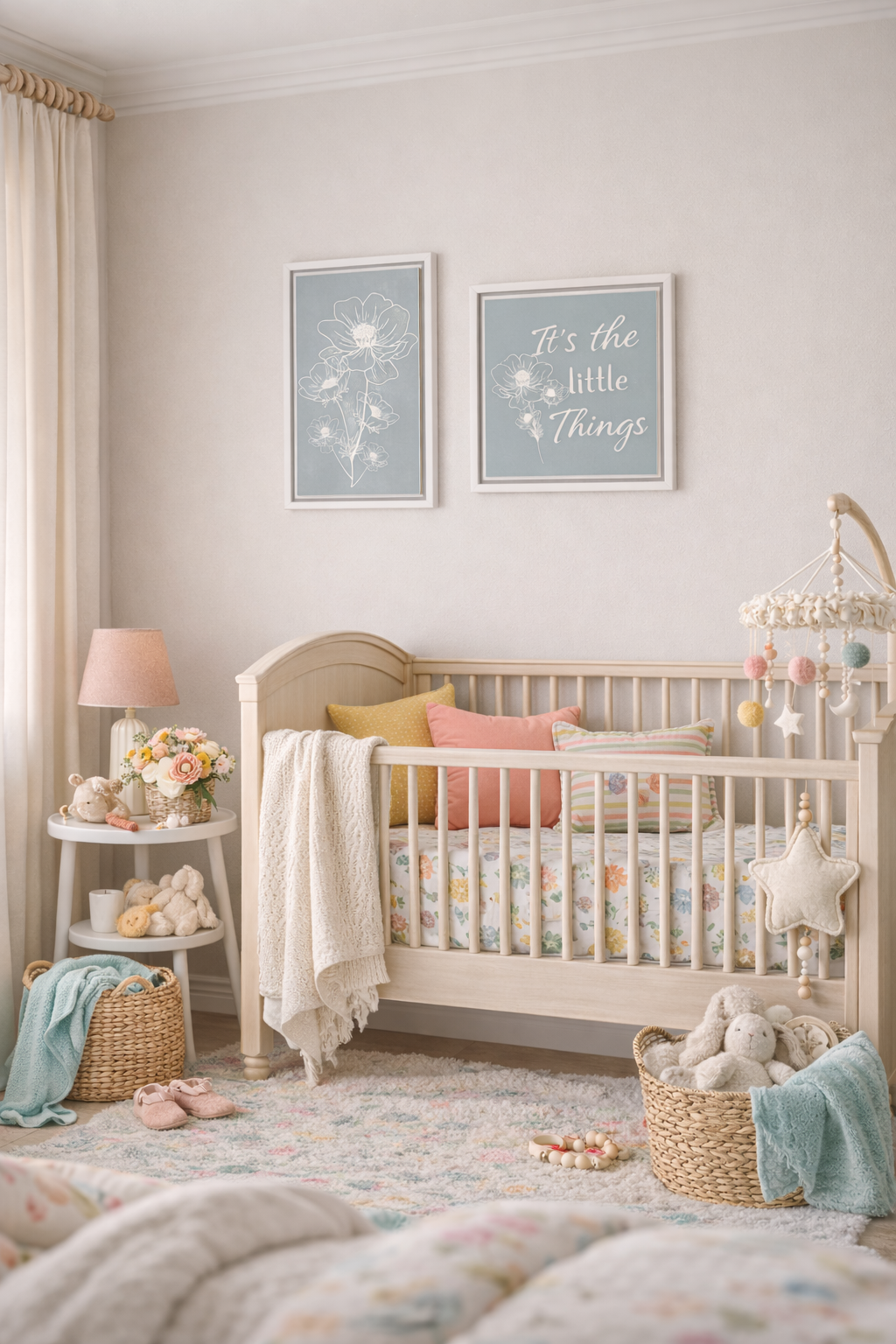 Framed Floral Line Art Matte Canvas Print Gray Azure - Vertical layout