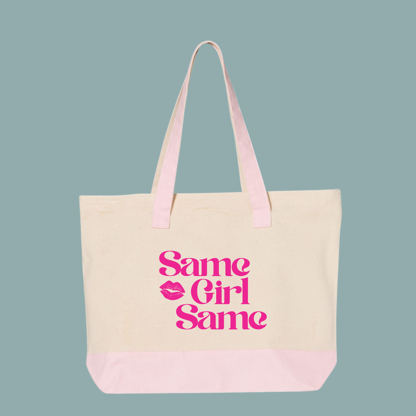 Canvas Tote — "Same Girl Same" Pink Lip Graphic Zippered Tote