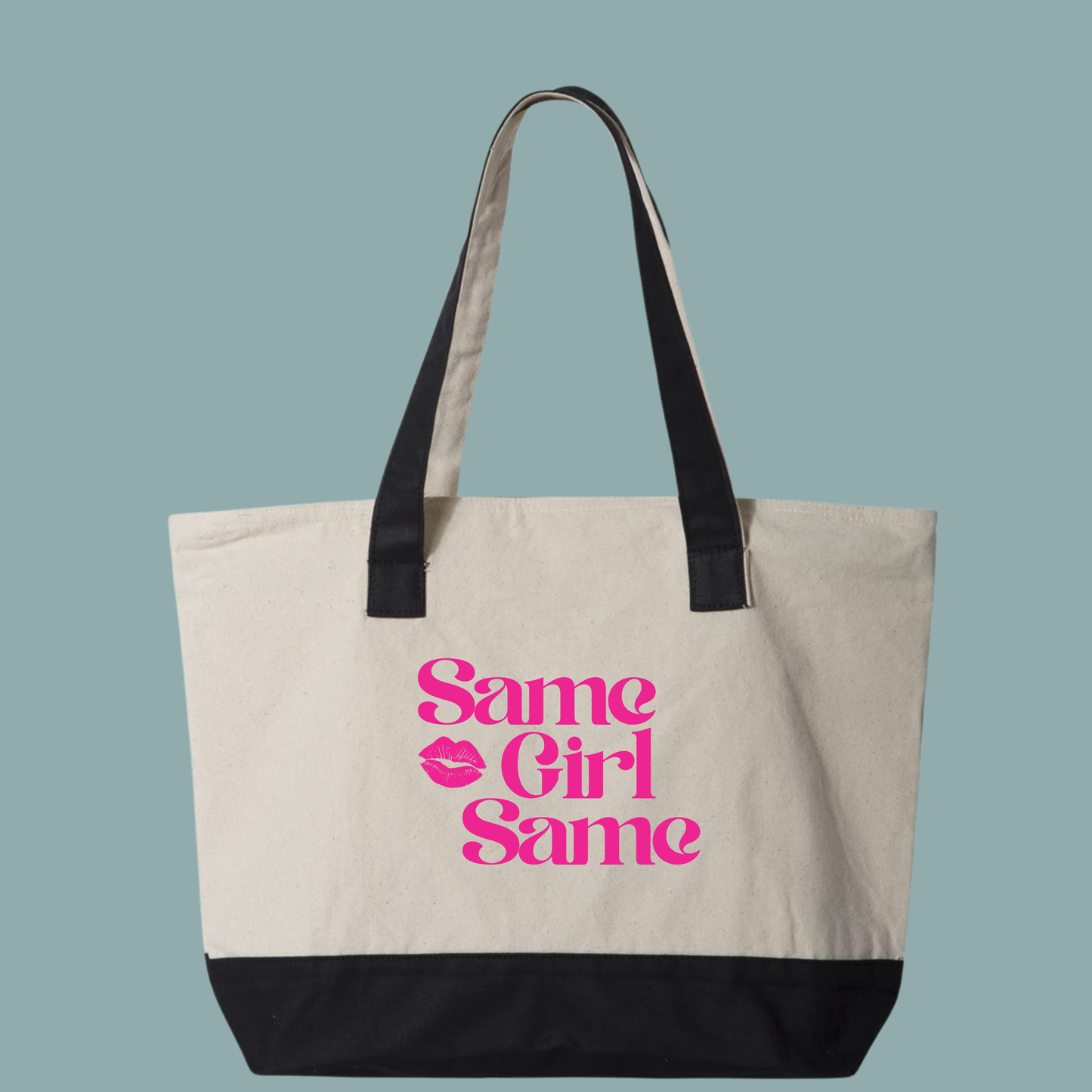 Canvas Tote — "Same Girl Same" Pink Lip Graphic Zippered Tote