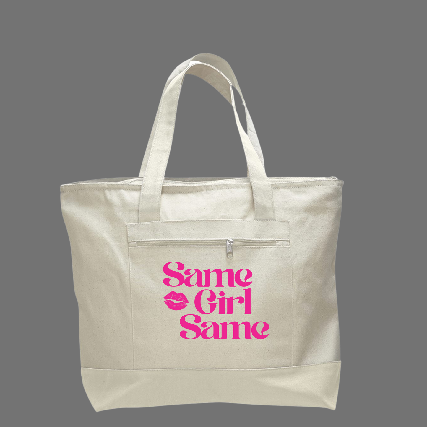 Canvas Tote — "Same Girl Same" Pink Lip Graphic Zippered Tote