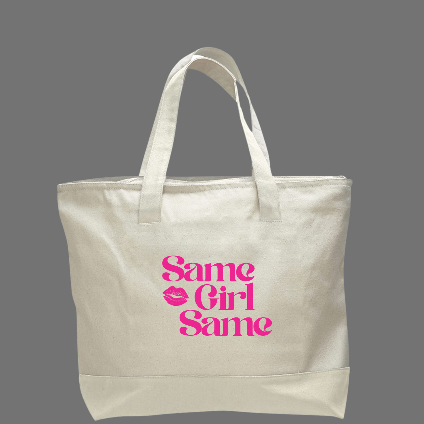 Canvas Tote — "Same Girl Same" Pink Lip Graphic Zippered Tote