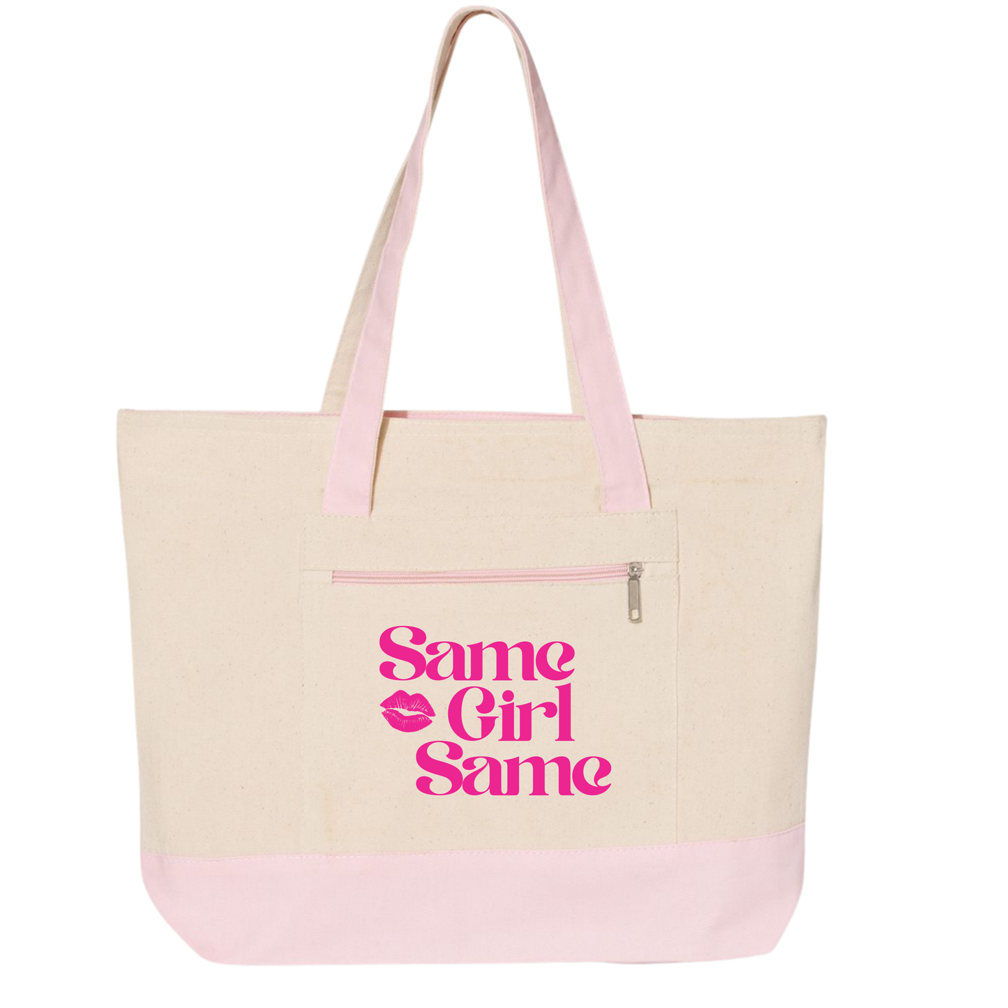 Canvas Tote — "Same Girl Same" Pink Lip Graphic Zippered Tote