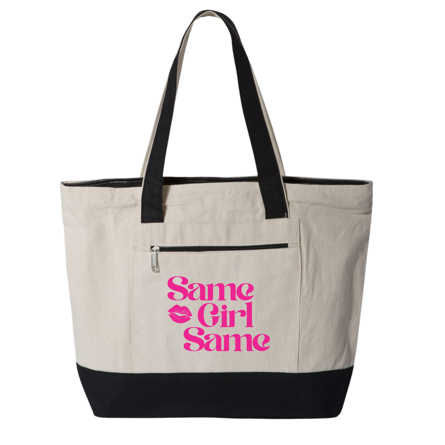 Canvas Tote — "Same Girl Same" Pink Lip Graphic Zippered Tote