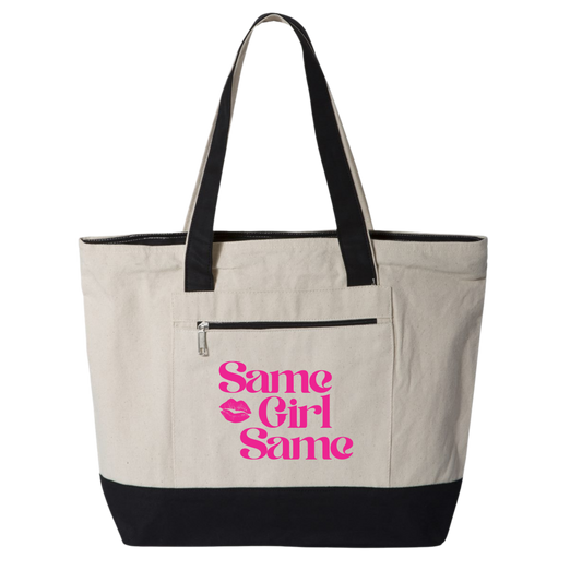 Canvas Tote — "Same Girl Same" Pink Lip Graphic Zippered Tote