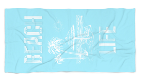 Beach Towel — "Beach Life" Sky Blue Palm & Surf Graphic