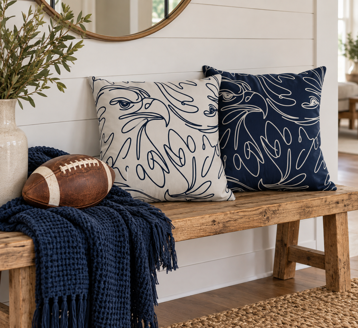 Navy Eagle Line Art Outdoor Pillow