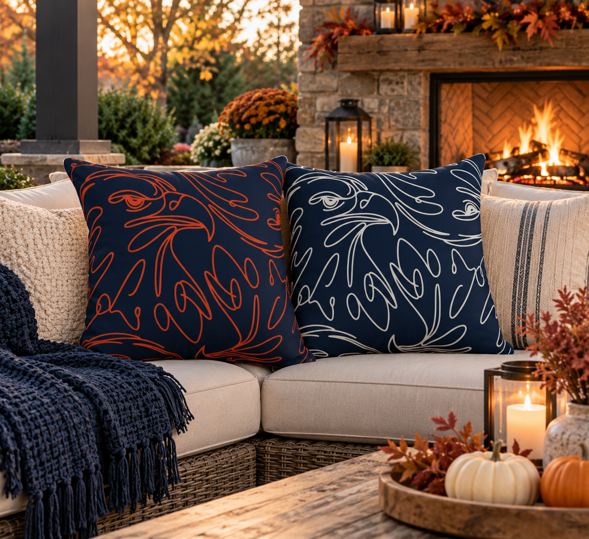 Orange and Navy Eagle Line Art Outdoor Pillow