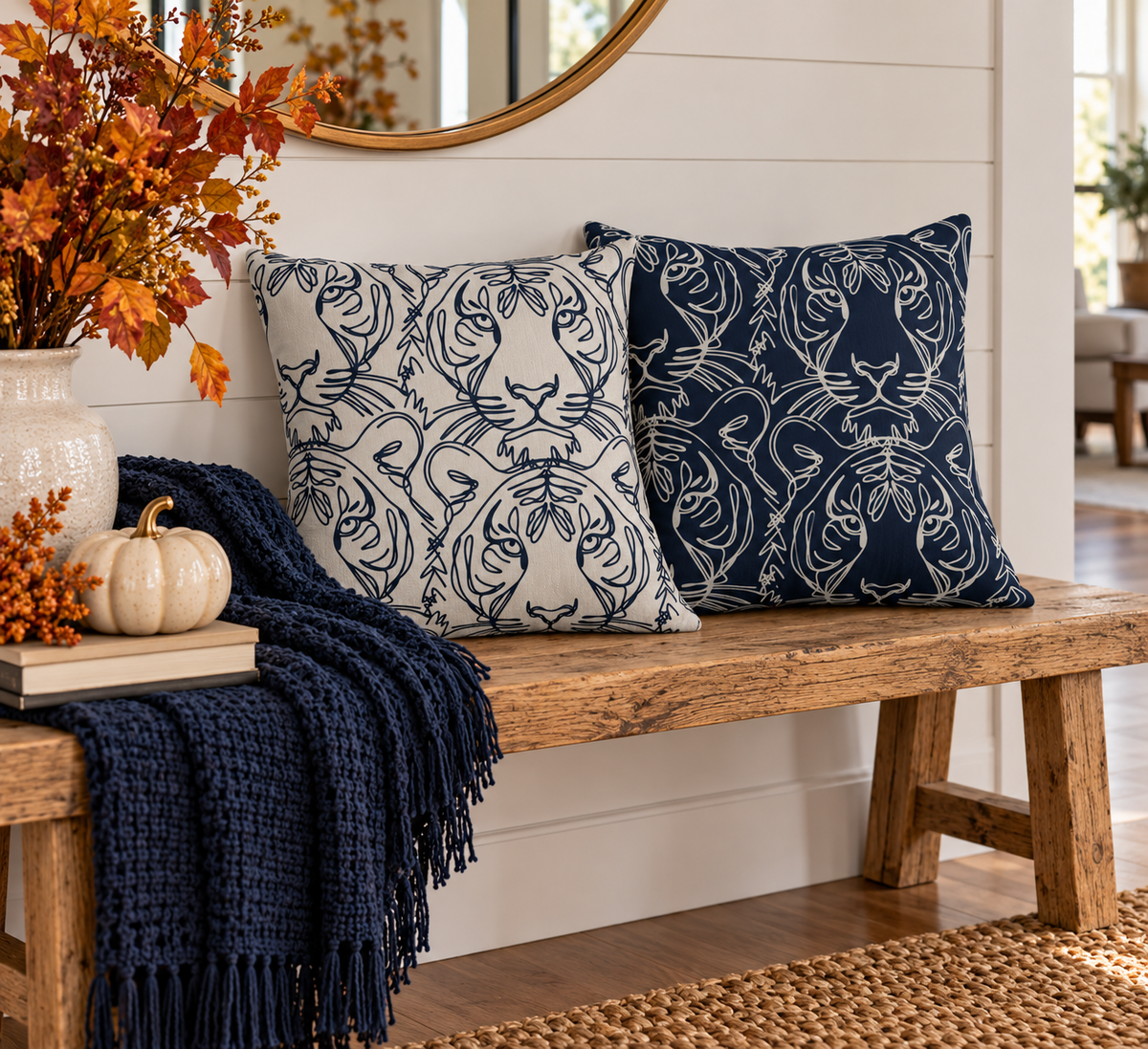 Navy Tiger Line Art Outdoor Pillow