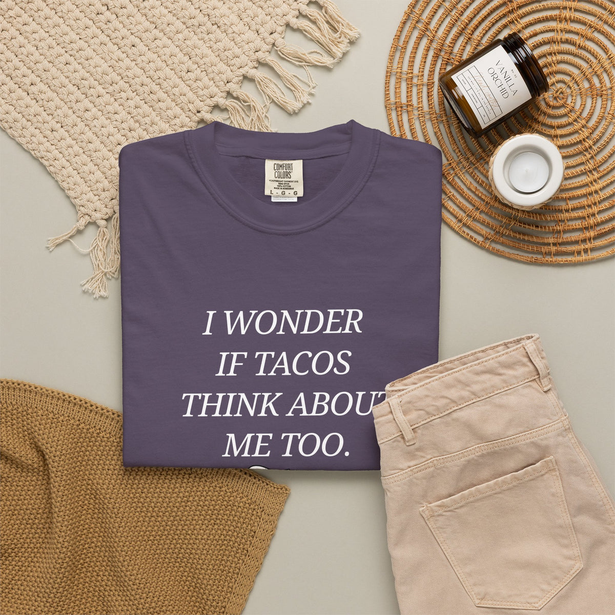 "I Wonder If Tacos Think About Me Too" Funny Taco Graphic Tee