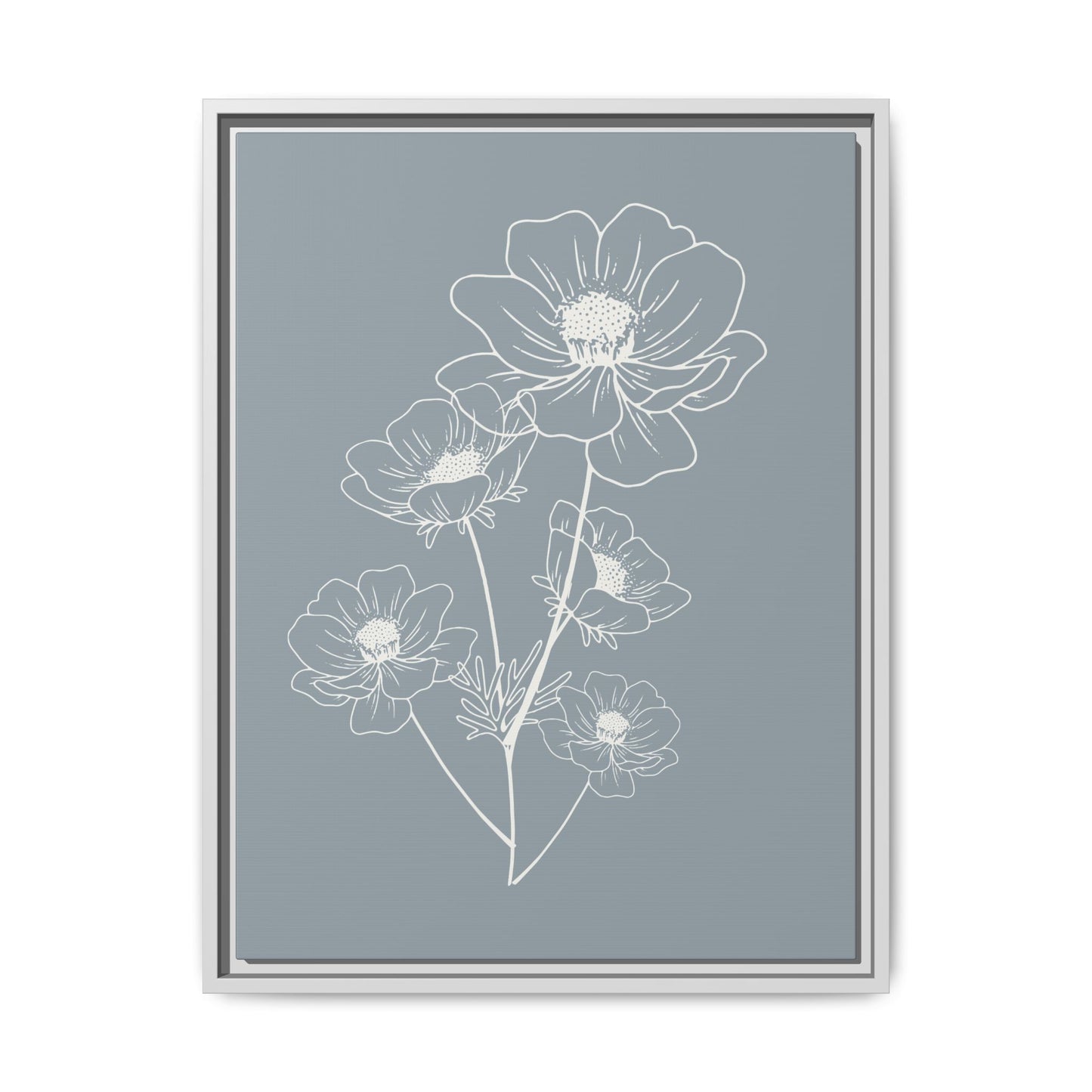 Framed Floral Line Art Matte Canvas Print Gray Azure - Vertical layout