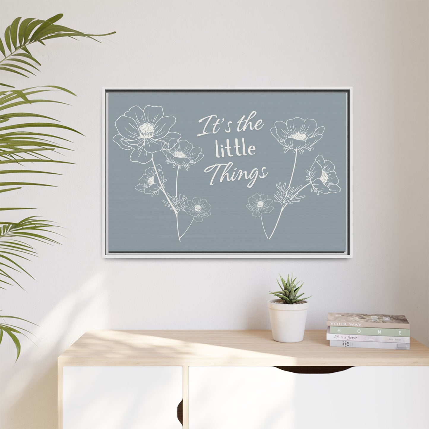 Framed Matte Canvas Wall Art - "It's the Little Things" Floral Print - Gray Azure
