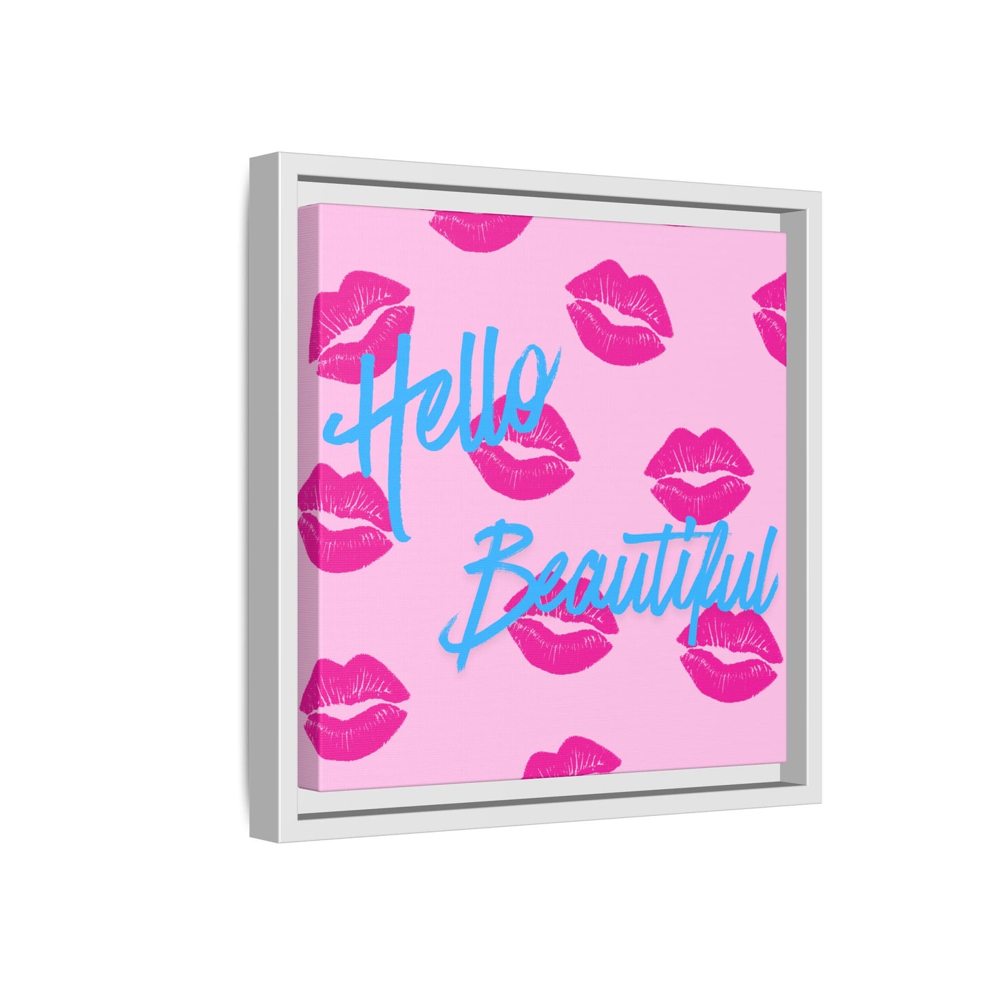 Hello Beautiful Framed Canvas Print — Pink Lipstick Pop Art Wall Decor