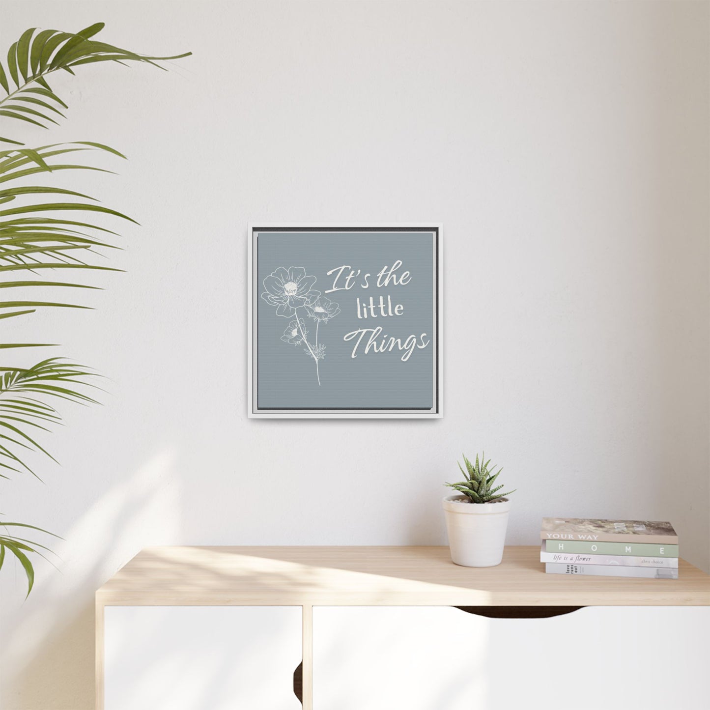 Framed Matte Canvas Wall Art - "It's the Little Things" Floral Print - Gray Azure