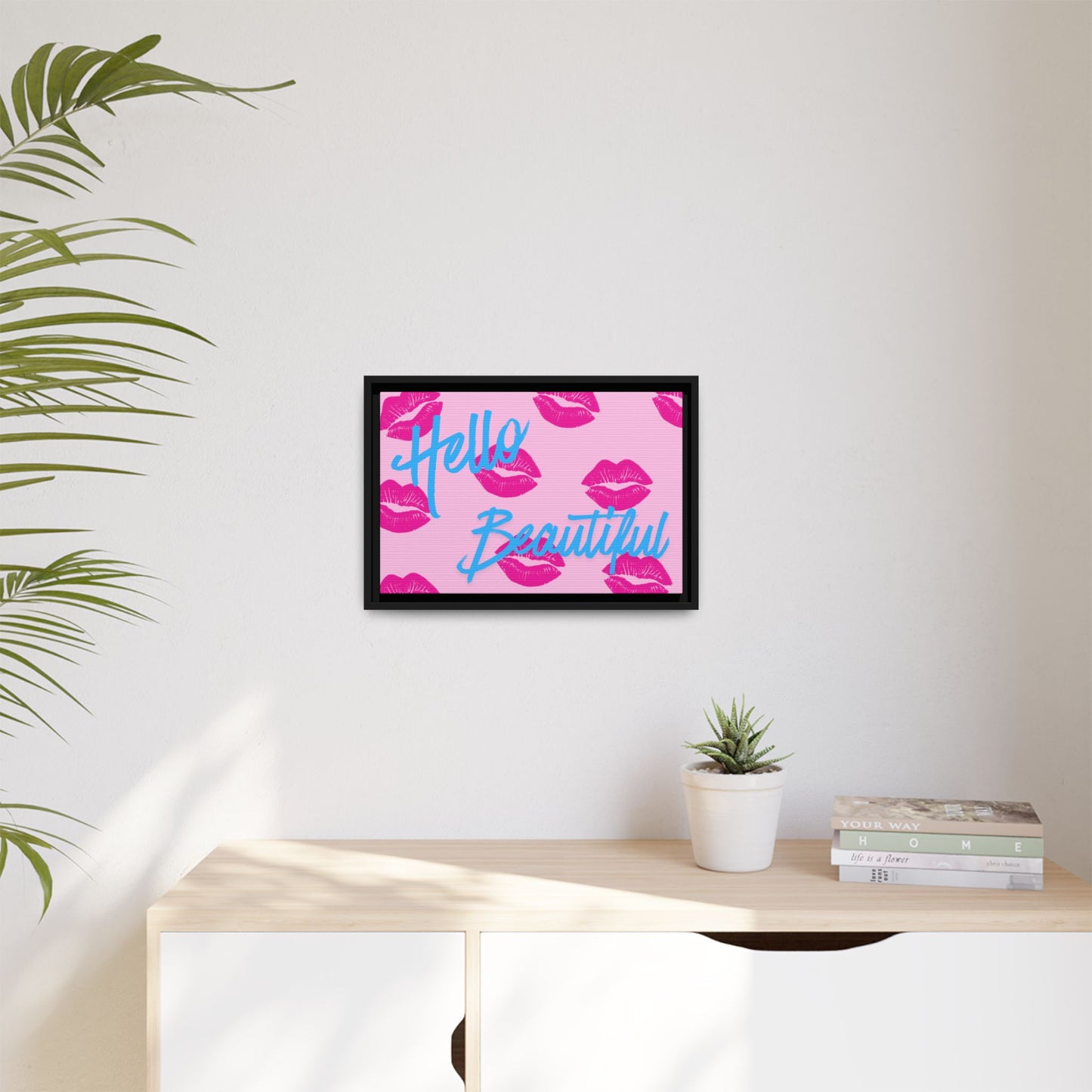 Hello Beautiful Framed Canvas Print — Pink Lipstick Pop Art Wall Decor
