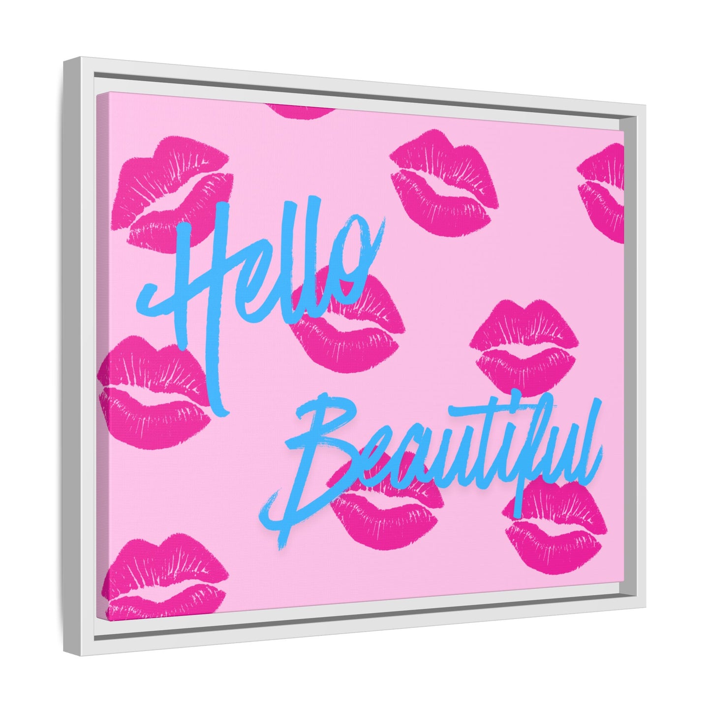 Hello Beautiful Framed Canvas Print — Pink Lipstick Pop Art Wall Decor