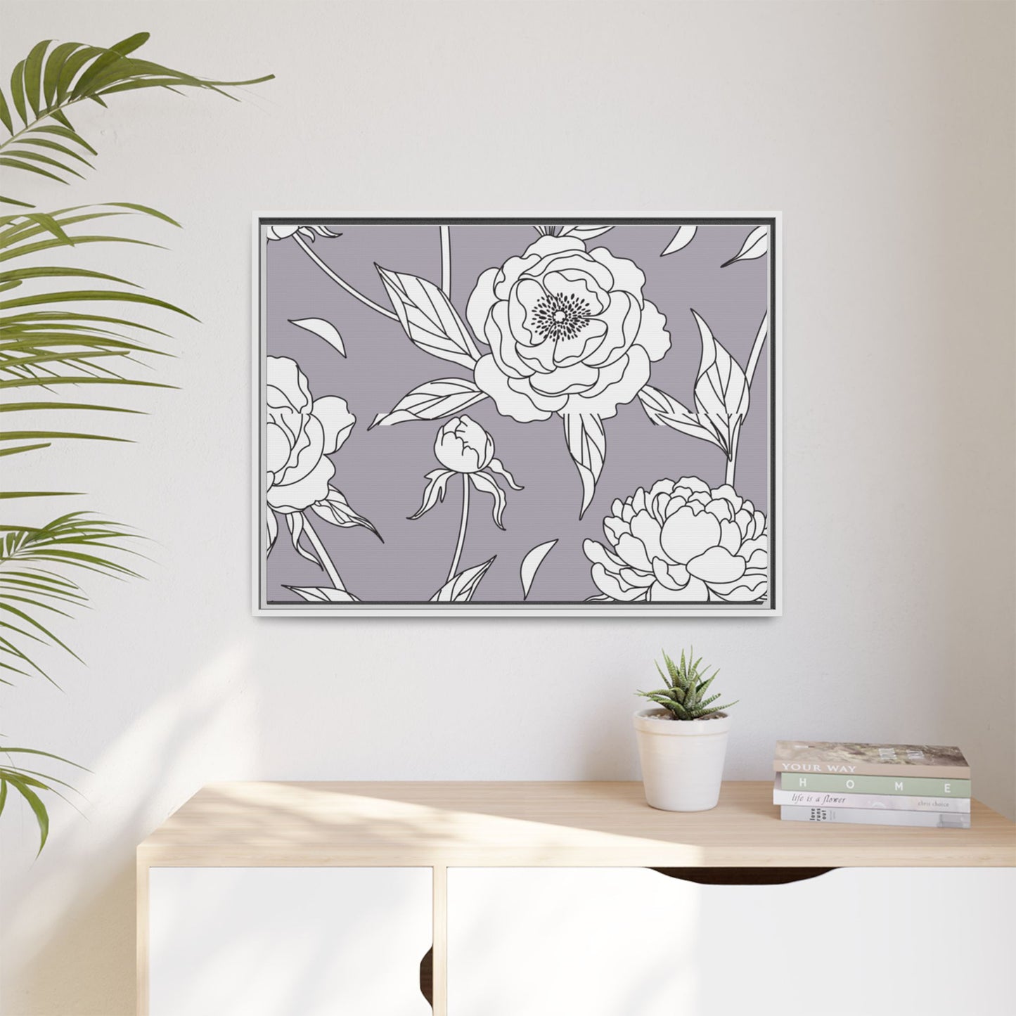 Floral Matte Canvas, White Wooden Framed, Bathroom Decor, Matching Shower Curtain Available, purplegray