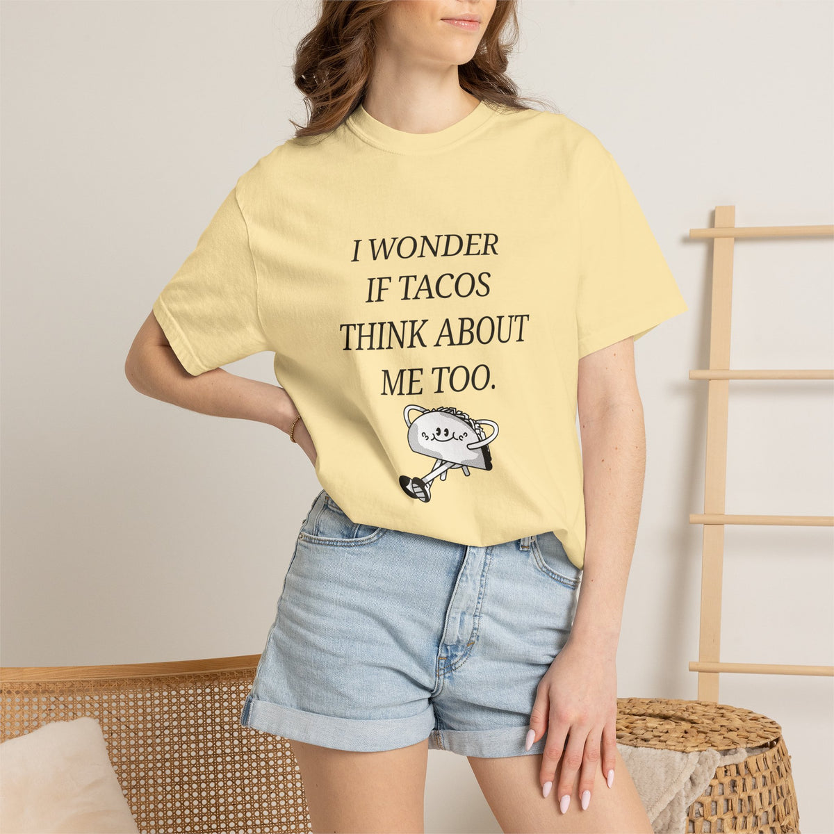 "I Wonder If Tacos Think About Me Too" Funny Taco Graphic Tee