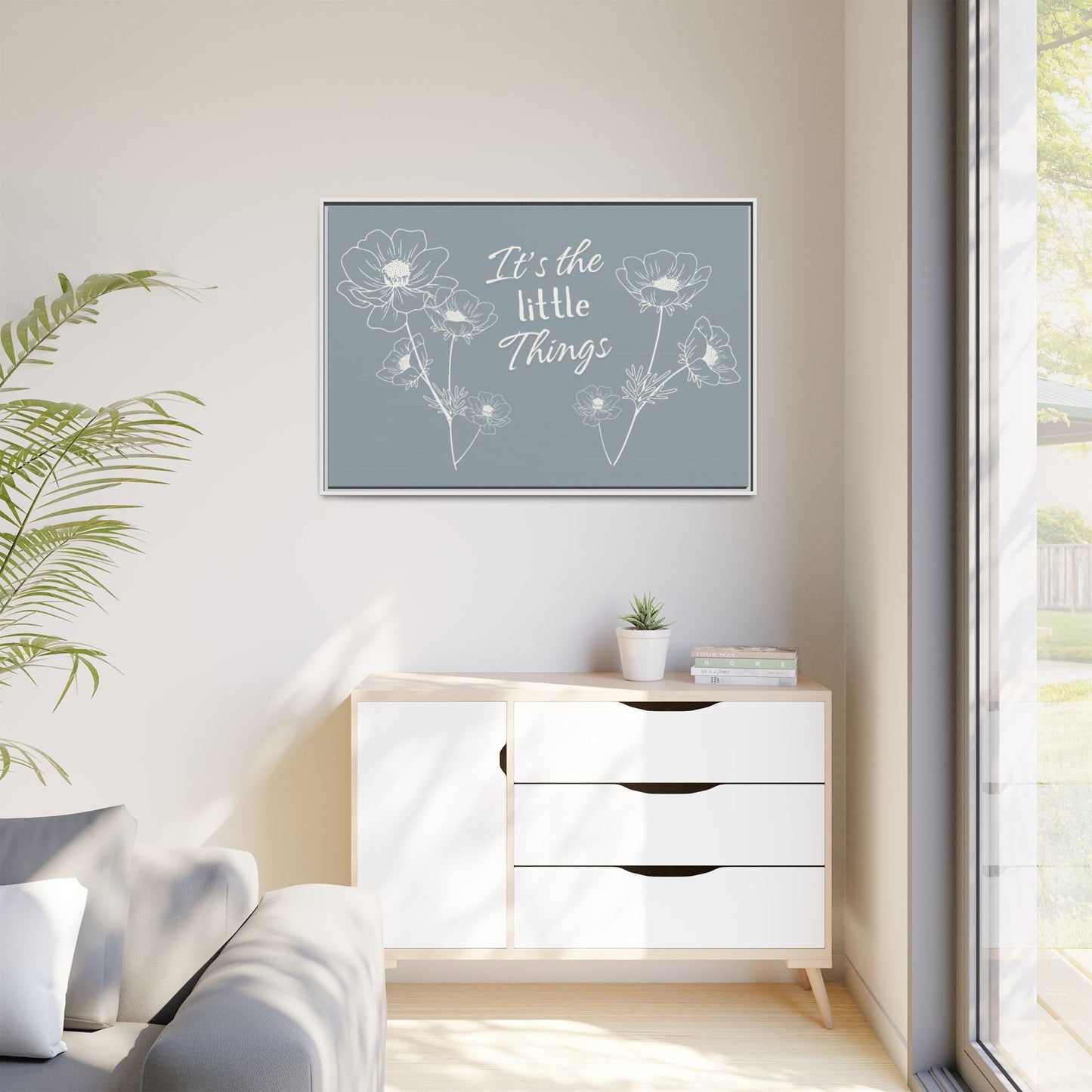 Framed Matte Canvas Wall Art - "It's the Little Things" Floral Print - Gray Azure