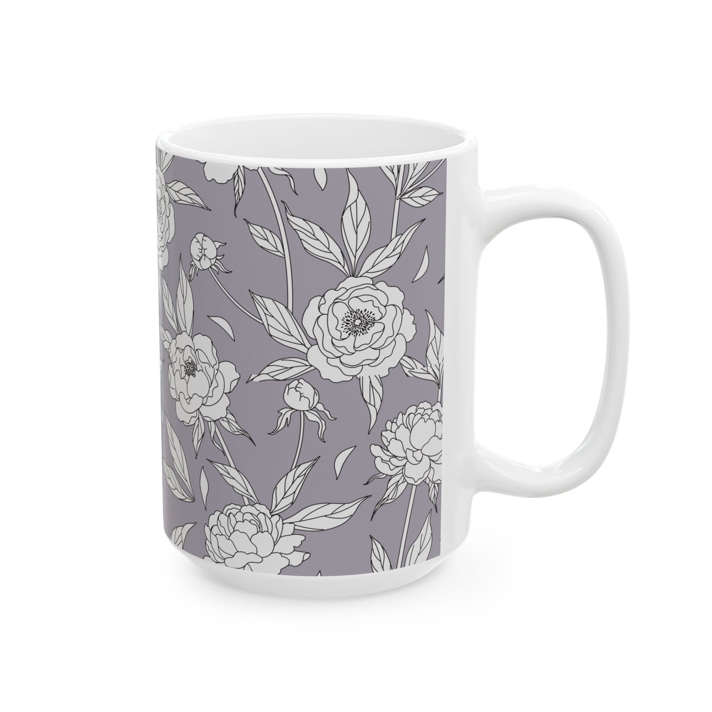 White Peony Lavender Gray Floral Pattern Mug | Ceramic Coffee Tea Mug 11oz 15oz
