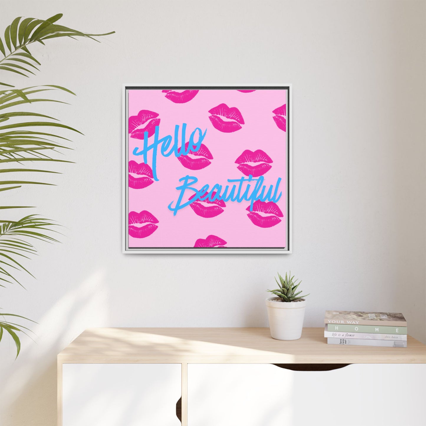 Hello Beautiful Framed Canvas Print — Pink Lipstick Pop Art Wall Decor