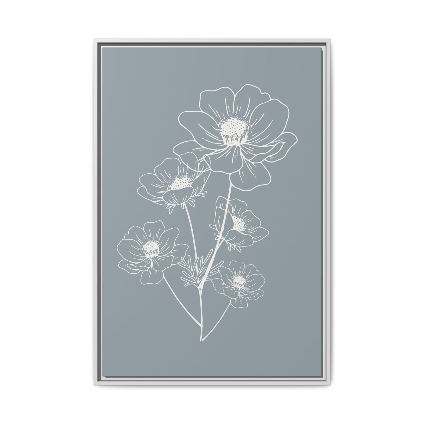 Framed Floral Line Art Matte Canvas Print Gray Azure - Vertical layout