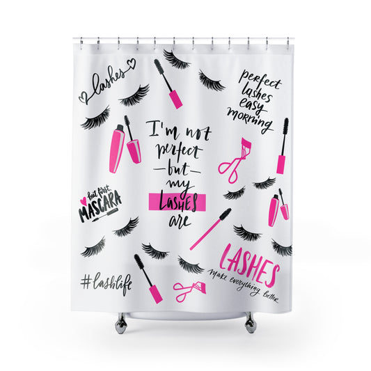 Lashes Shower Curtain – “I’m Not Perfect But My Lashes Are” Makeup Bath Decor