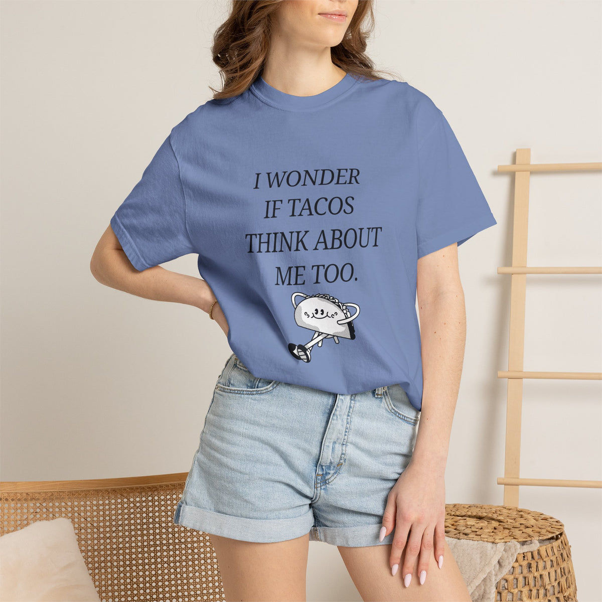 "I Wonder If Tacos Think About Me Too" Funny Taco Graphic Tee