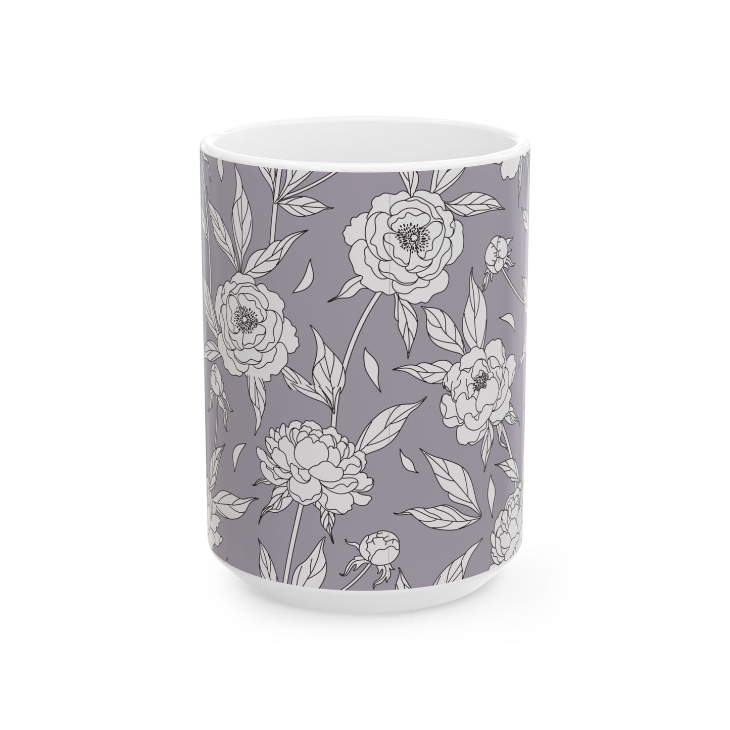 White Peony Lavender Gray Floral Pattern Mug | Ceramic Coffee Tea Mug 11oz 15oz