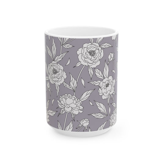 White Peony Lavender Gray Floral Pattern Mug | Ceramic Coffee Tea Mug 11oz 15oz