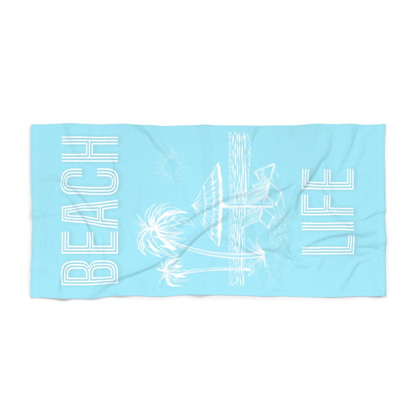 Beach Towel — "Beach Life" Sky Blue Palm & Surf Graphic